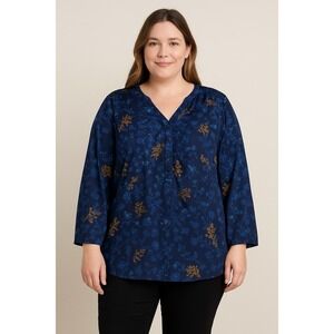 Sara Morgan Womens Blouse Tunic Blue Floral Tab Roll Sleeve Henley Neck Size XL